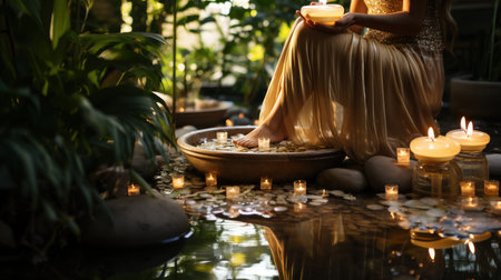 Woman relaxing in a bathtub with candles and flower petals in a spa resortの素材