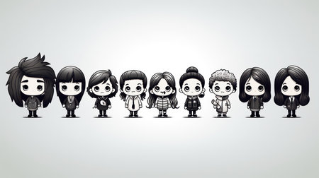 Group of cute little children standing in a row. Vector illustration.の素材