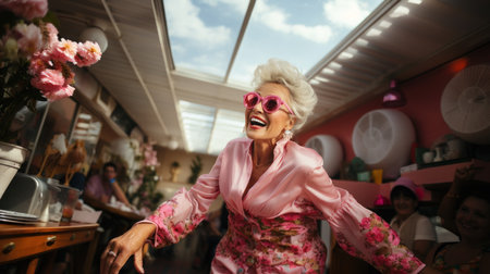 Beautiful senior woman in pink sunglasses having fun in a cafe.の素材