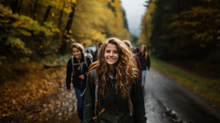 Group of friends walking in autumn forest. Smiling and looking at camera.の素材
