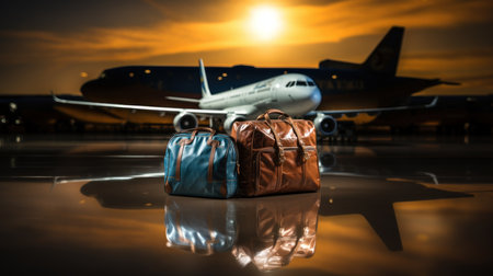 Airplane and luggage in airport at sunset. Travel and vacation concept.の素材