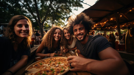 Group of friends having fun and eating pizza at a street food festivalの素材