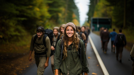 Group of tourists walking on a road in the forest. Selective focus.の素材