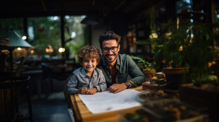 Portrait of father and son sitting at table and looking at cameraの素材