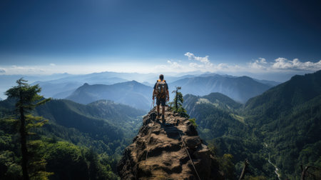 Hiker standing on the edge of a cliff and enjoying the viewの素材