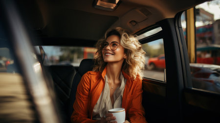 Beautiful young woman in orange jacket and sunglasses sitting in car and drinking coffeeの素材