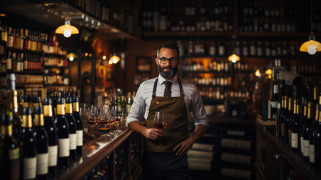 Portrait of confident sommelier holding glass of wine in wine cellarの素材