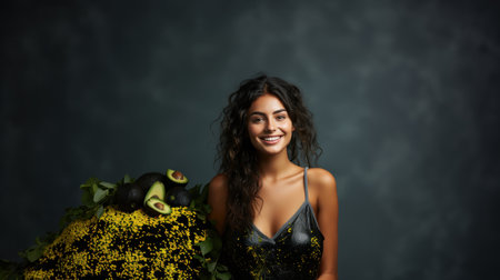 Portrait of a beautiful brunette woman in a black dress holding a bouquet of yellow flowers.の素材