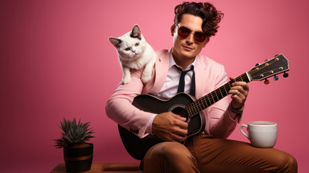 Handsome young man playing guitar and holding a cat on pink background.の素材