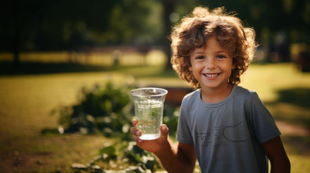 Portrait of smiling boy holding a glass of water in the park.の素材
