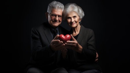 Portrait of a senior couple holding a red heart on black background.の素材