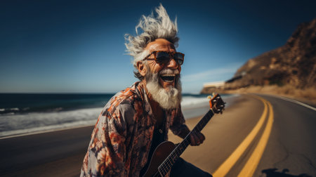 Hipster crazy senior man playing the guitar on the road highway on the beach side.の素材