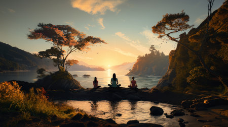 Yoga at sunset on the beach. 3d render illustration.の素材