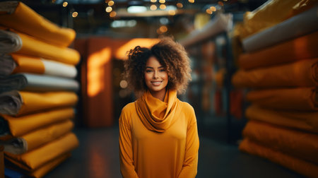 Beautiful young african american woman with afro hairstyle, wearing a yellow sweater, smiling and looking at the camera while standing in fashion textile factory.の素材