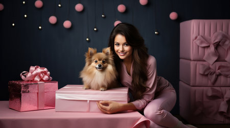 Beautiful woman with pomeranian dog in pink room with box gifts decorated for Christmas.の素材