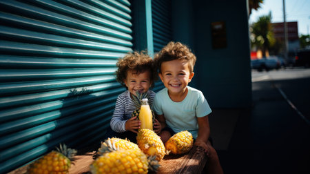 Two cute little boy and his brother eating fresh pineapple in the street.の素材