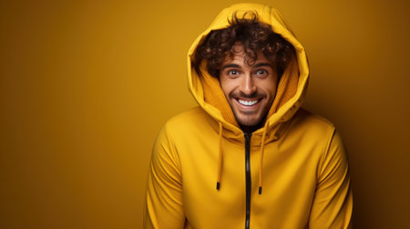 Smiling young man in yellow hoodie looking at camera isolated on yellow.の素材