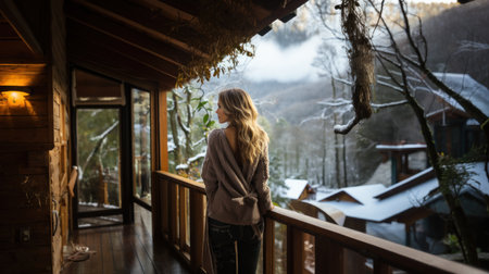 Young woman looking out the window of a wooden house in a winter forestの素材