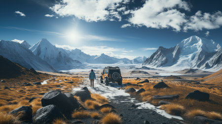 Traveler with camera on the background of mountains. 3d renderingの素材