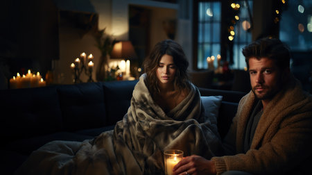 Worried couple covered with a blanket sitting on the couch in the evening at homeの素材