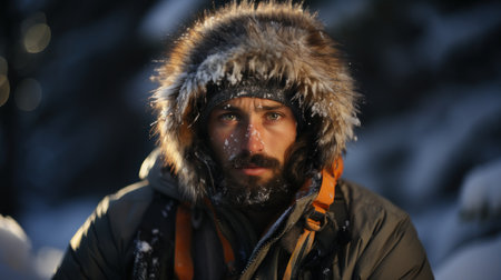 Portrait of a young man in the winter forest. Close-up.の素材