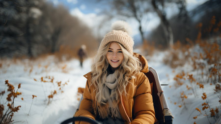 Beautiful young woman in a warm coat and hat with a sledの素材
