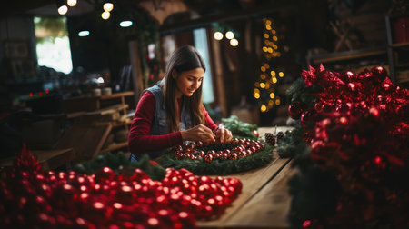 Young woman making christmas wreath at home in her workshop.の素材