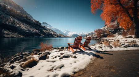 Wooden chairs on the lake in the mountains. Autumn landscape.の素材