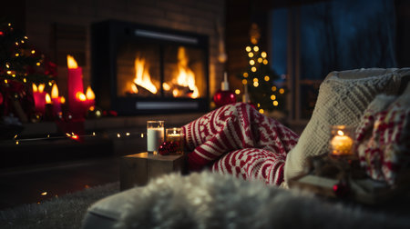 Cozy living room with fireplace and christmas tree on background.の素材