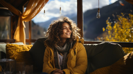 Beautiful young woman with curly hair sitting in a cafe in the mountainsの素材