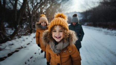 Portrait of happy family of three having fun in winter park.の素材