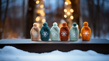 Winter hats with snowflakes and bokeh lights on backgroundの素材