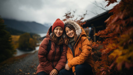 Two asian women sitting in the autumn forest and looking at cameraの素材