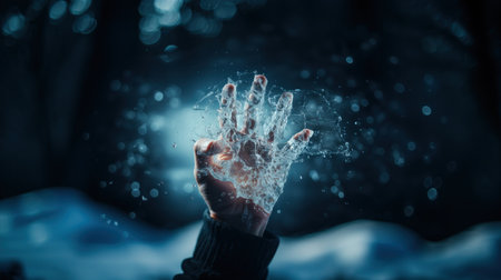 Close up of human hands with water splashes on dark background.の素材