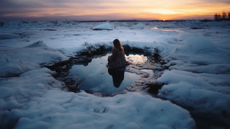 Young woman on frozen lake at sunset. Beautiful winter landscape with snow and ice.の素材