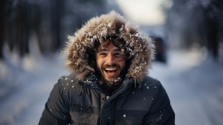 Portrait of a young man in a snowy winter forest. He is laughing.の素材