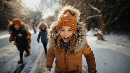 Cute little girl running with her friends in a winter park.の素材