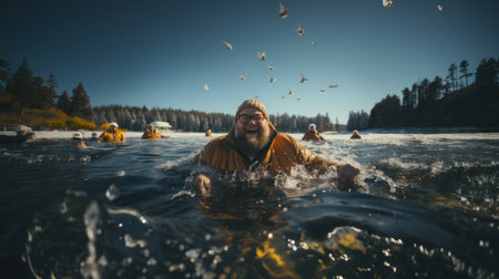 Man swimming in a river on a sunny day. The concept of extreme sports.の素材