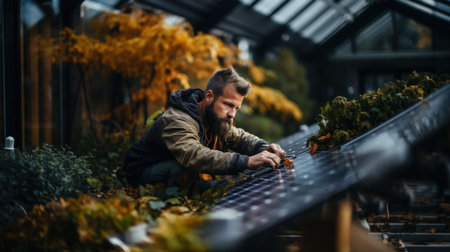 Young man working on a solar panel in a greenhouse. Autumn.の素材