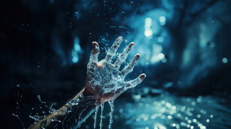 Close up of human hand with water splashes on dark background. Mixed mediaの素材