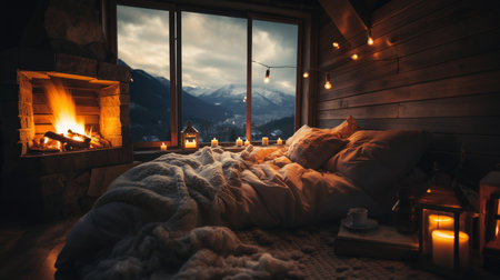 Beautiful winter landscape in the mountains. Comfortable bed with pillows and blanket.の素材