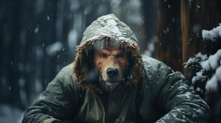 Portrait of a man with a dog in the winter forest.の素材