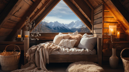 Wooden double bed with pillows and knitted plaid in the mountainsの素材