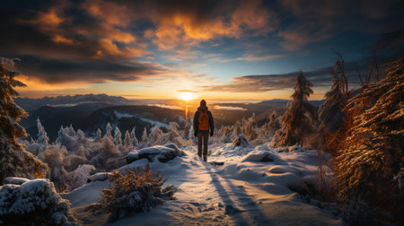 Hiker in the winter mountains at sunset. Panoramic view.の素材