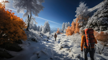 Hiker in the winter forest with a backpack and tent on the snowの素材