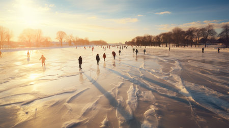 Group of people skating on frozen lake at sunset, winter sport activityの素材