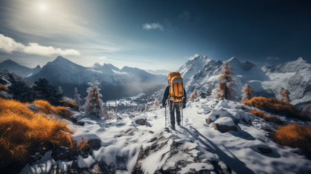 Hiker with backpack and trekking poles in the winter mountains.の素材