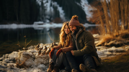 Couple sitting on the bank of a mountain lake in winter.の素材