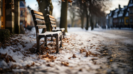 Wooden bench in the snow in winter. Selective focus.の素材