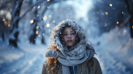 Beautiful young woman in the winter forest. Girl in a snowy forest.の素材